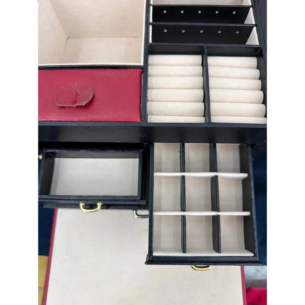 Vtg Large Red Leather Jewelry Box Organizer Multi Drawer Storage Chest Mirror